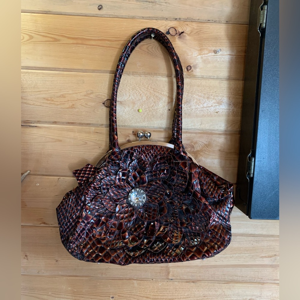 Funky Retro Unique Vintage Brown Vegan Crocodile Jewel Detail 3D‎ Flower Handbag